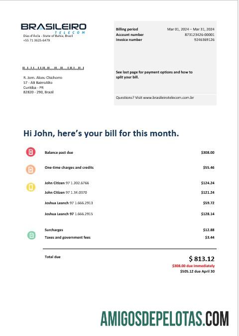 em branco Brasil Braziliero Telecom Business Telecommunication Bill Word e modelo PDF